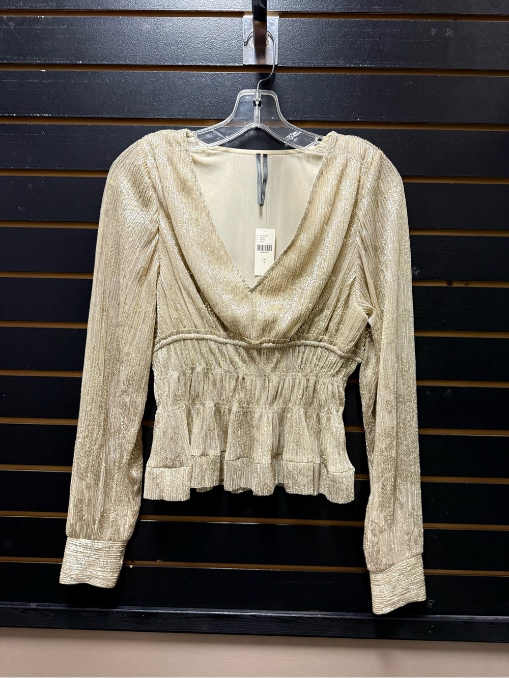 Anthropologie Gold Metallic Plisse Peplum Blouse Size S NWT
